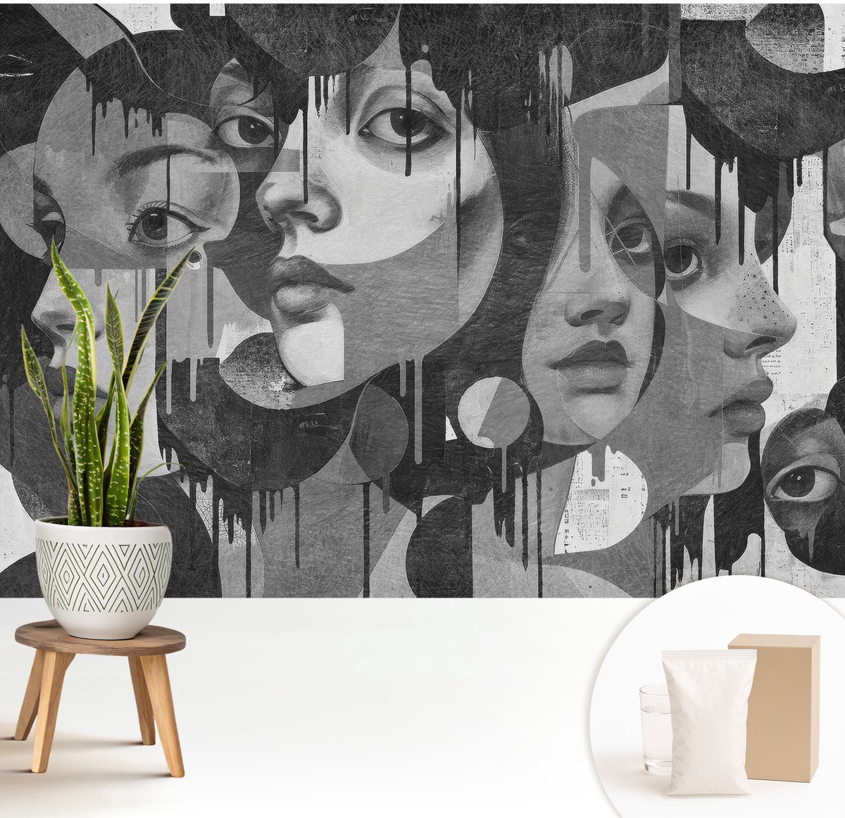 Wallfluent Fotobehang - Zwart-Wit Vliesbehang - 208x146 cm - Vrouwengezichten Muurschildering - Gang behang Deel - Fotobehang Vlies - Slaapkamer behang