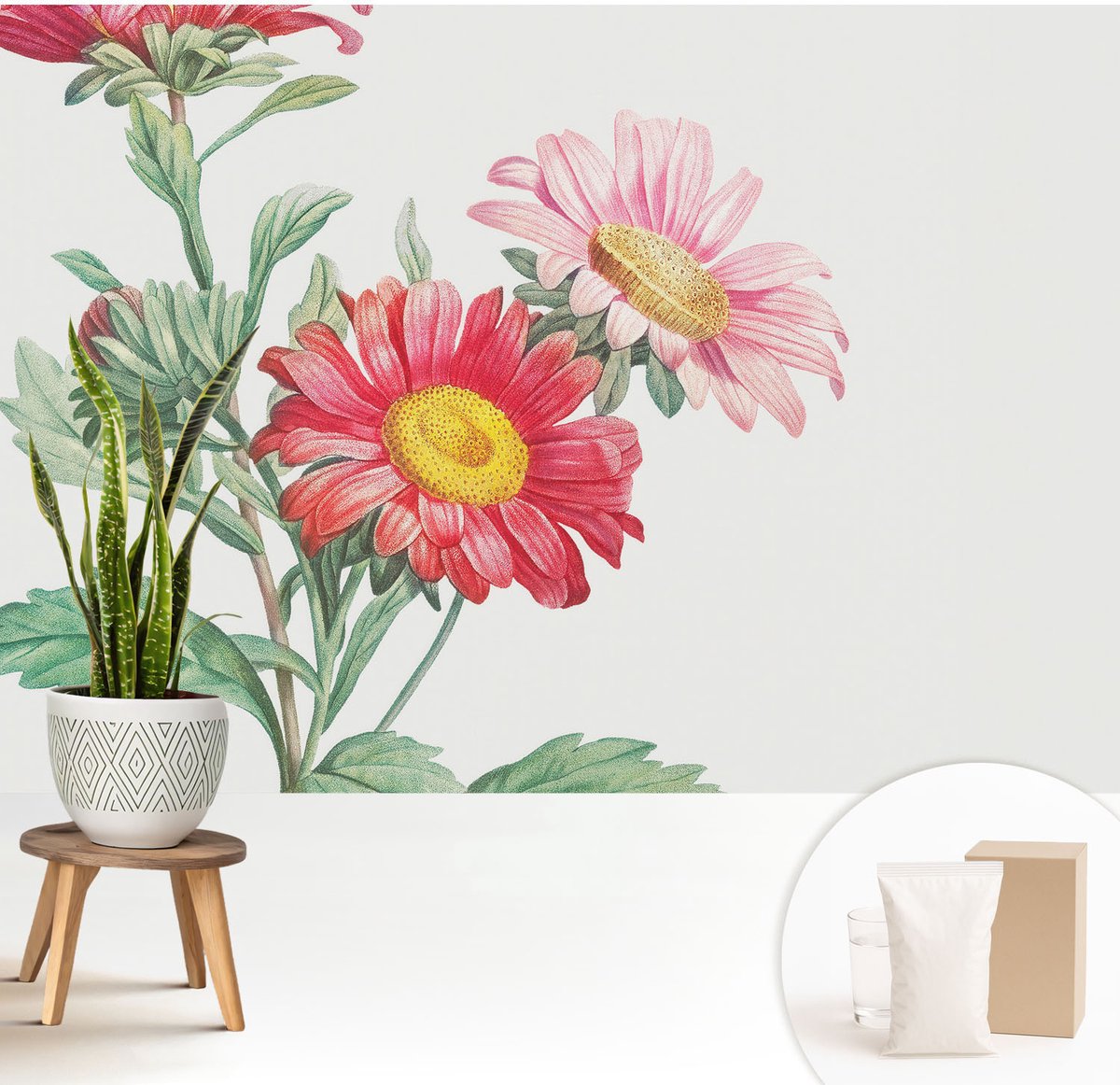 Wallfluent Fotobehang - Rood Vliesbehang - 208x146 cm - Tere Bloemen Fotobehang Vlies - Hal behang Bloemen En Planten - Muurschildering - Woonkamer behang