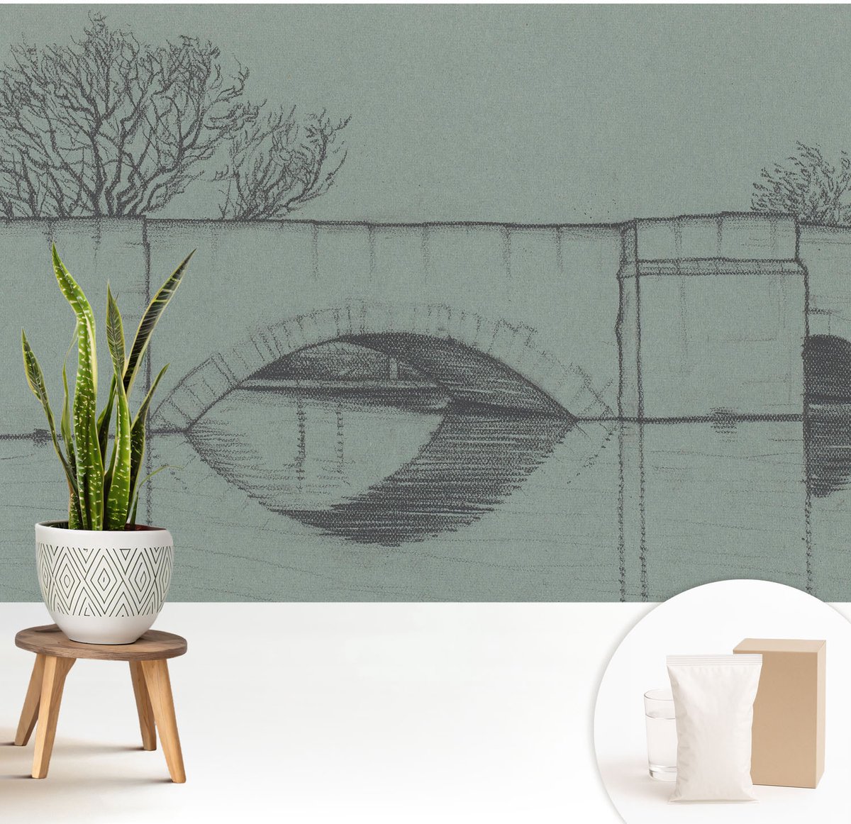 Wallfluent Fotobehang - Grijs Vliesbehang - 208x146 cm - Boogbrug Fotobehang Vlies - Woonkamer behang Architectuur - Muurschildering - Woonkamer behang