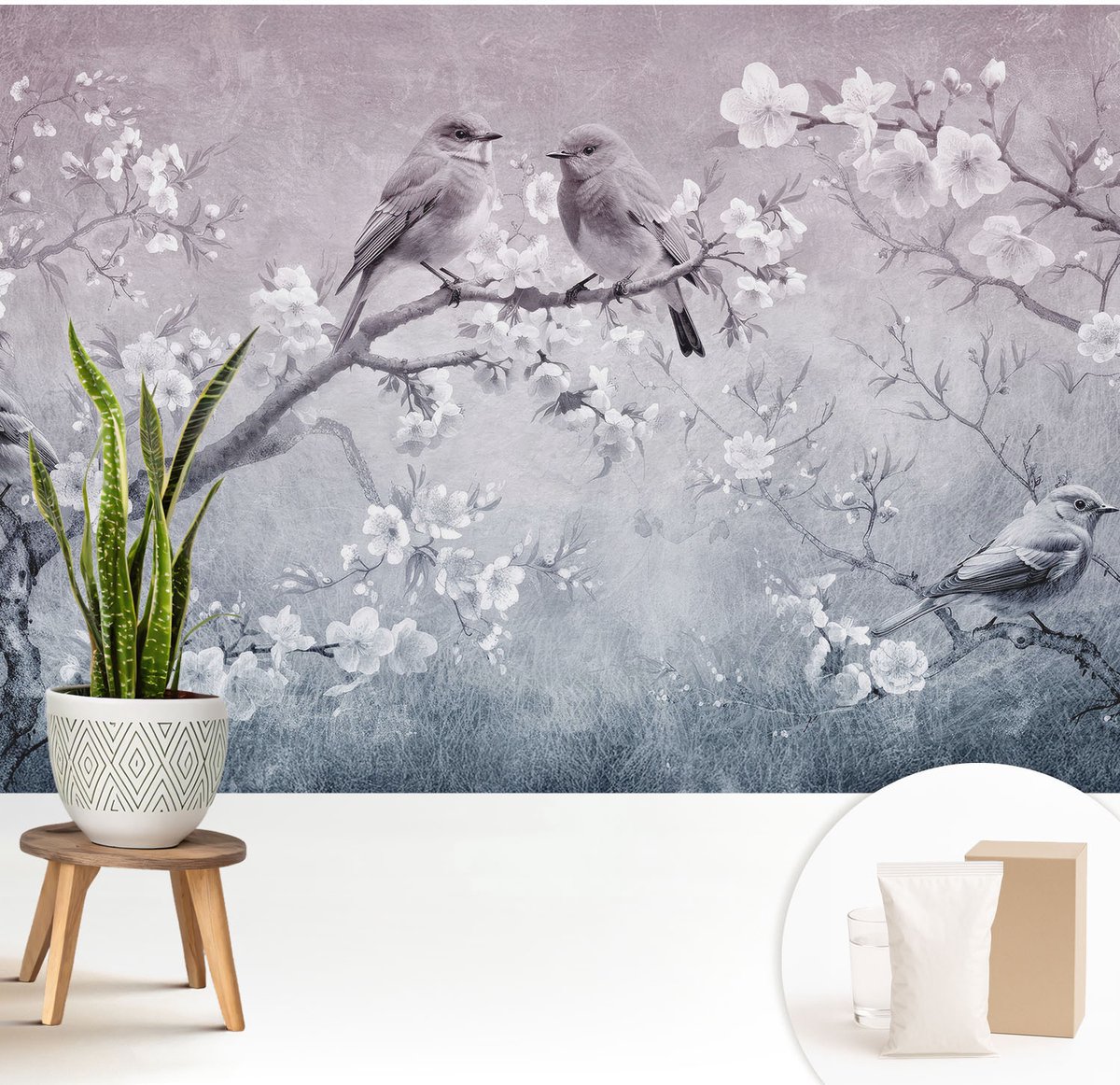 Wallfluent Fotobehang - Grijs Vliesbehang - 208x146 cm - Subtiele Natuur Fotobehang Vlies - Woonkamer behang Bloemen En Planten - Muurschildering - Woonkamer behang