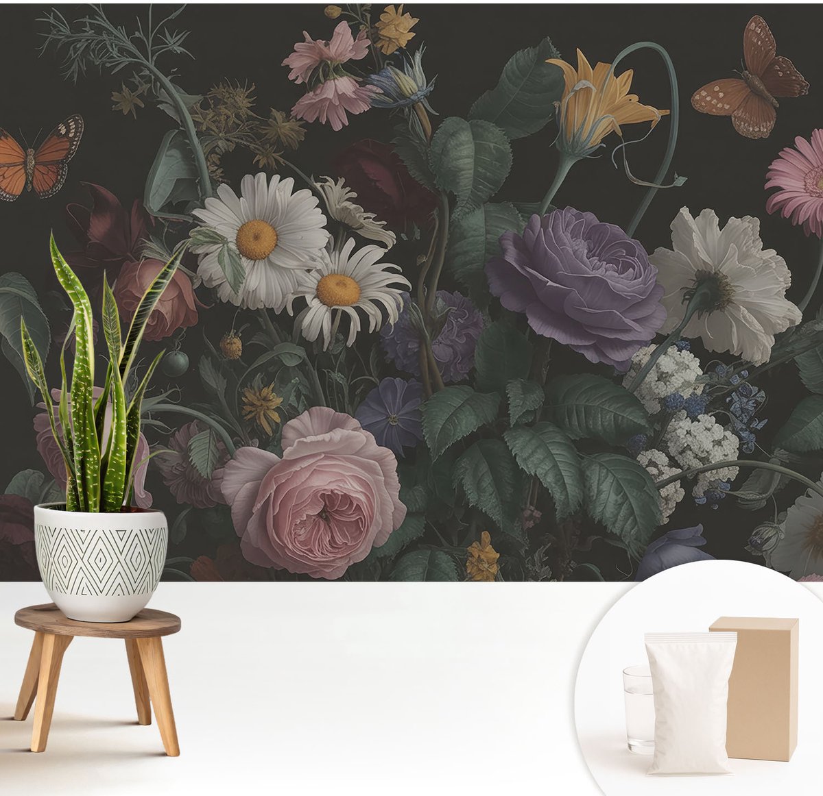 Wallfluent Fotobehang - Zwart Vliesbehang - 208x146 cm - Bloemige Elegantie Fotobehang Vlies - Hal behang Bloemen En Planten - Muurschildering - Woonkamer behang