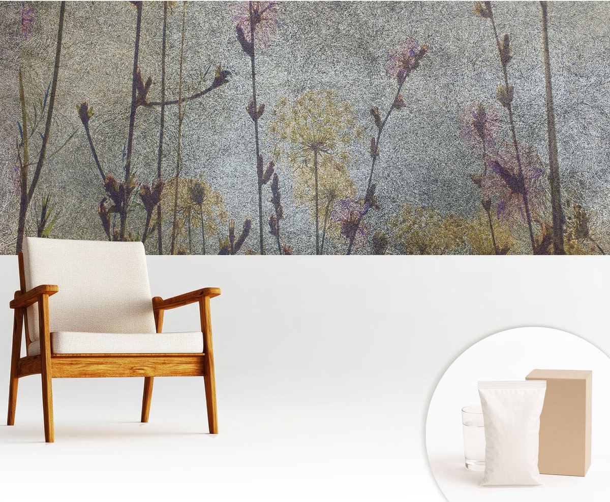 Wallfluent Fotobehang - Grijs Vliesbehang - 250x104 cm - Wilde Bloemen Muurschildering - Gang behang Bloemen En Planten - Fotobehang Vlies - Gang behang
