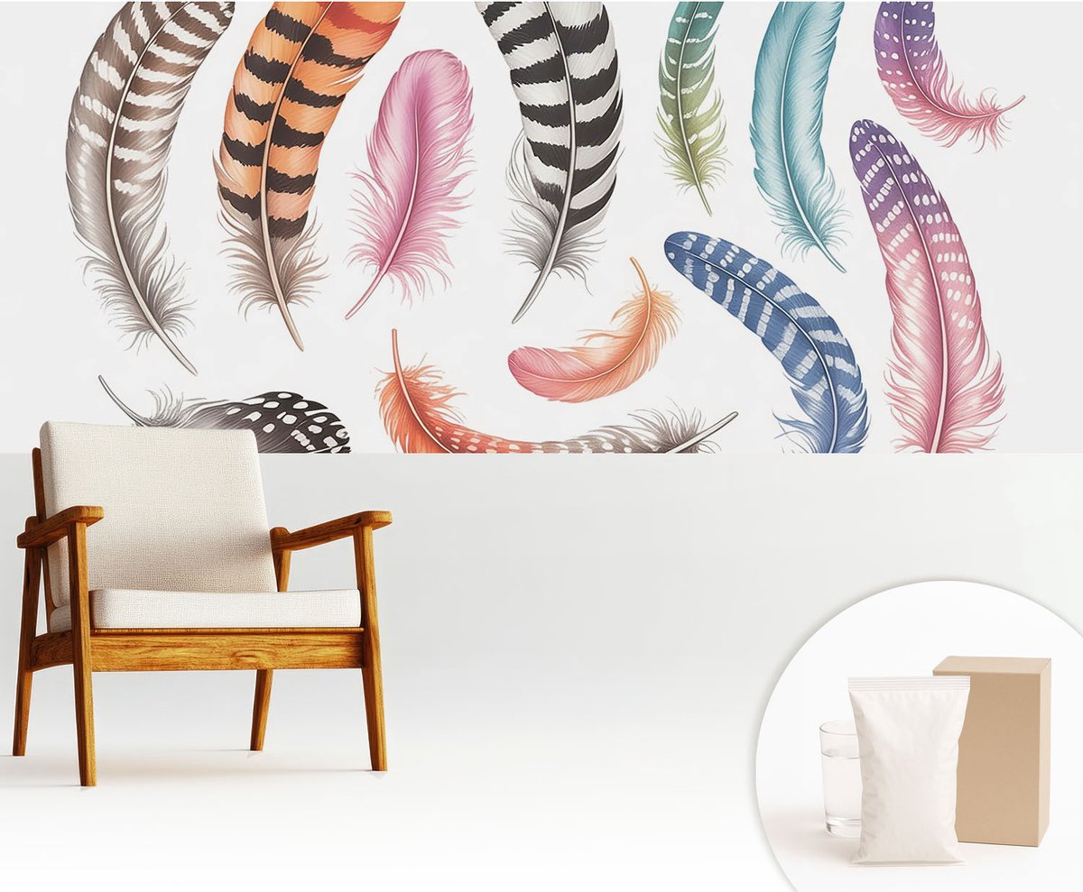 Wallfluent Fotobehang - Bruin Vliesbehang - 250x104 cm - Pastelkleurige Veren Fotobehang Vlies - Woonkamer behang Achtergronden En Patronen - Muurschildering - Woonkamer behang