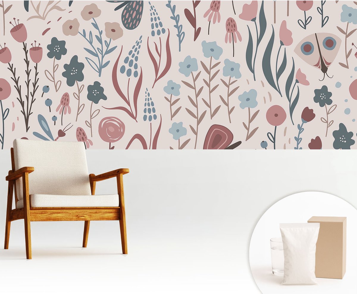 Wallfluent Fotobehang - Roze Vliesbehang - 250x104 cm - Bloemen En Insecten Fotobehang Vlies - Woonkamer behang Bloemen En Planten - Muurschildering - Woonkamer behang