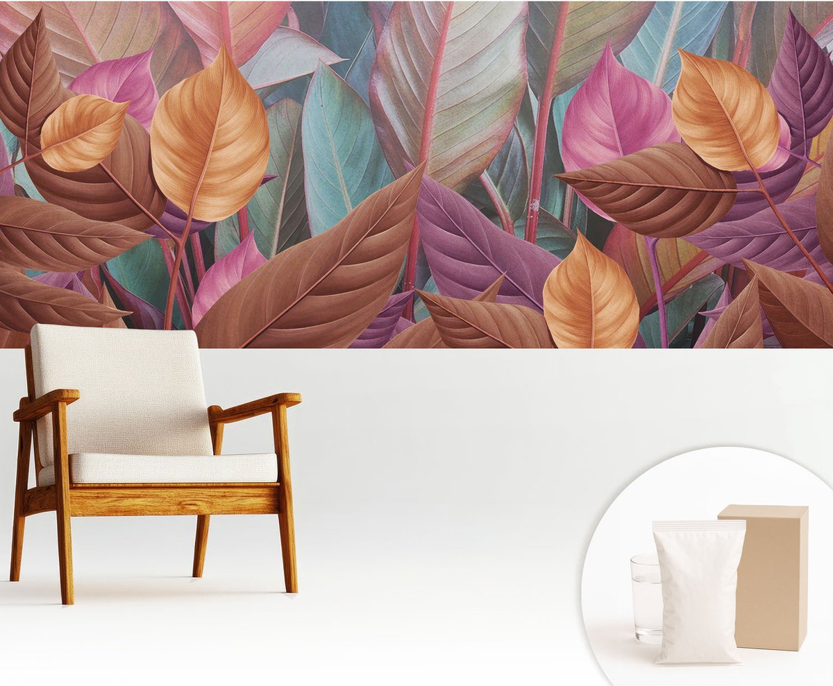 Wallfluent Fotobehang - Bruin Vliesbehang - 250x104 cm - Kleurrijke Bladeren Muurschildering - Gang behang Bloemen En Planten - Fotobehang Vlies - Slaapkamer behang