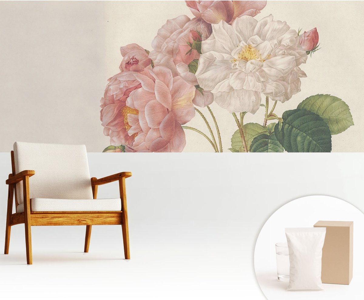 Wallfluent Fotobehang - Roze Vliesbehang - 250x104 cm - Romantische Rozen Fotobehang Vlies - Woonkamer behang Bloemen En Planten - Muurschildering - Woonkamer behang