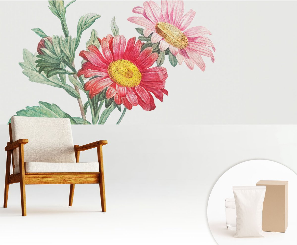 Wallfluent Fotobehang - Rood Vliesbehang - 250x104 cm - Tere Bloemen Fotobehang Vlies - Woonkamer behang Bloemen En Planten - Muurschildering - Woonkamer behang