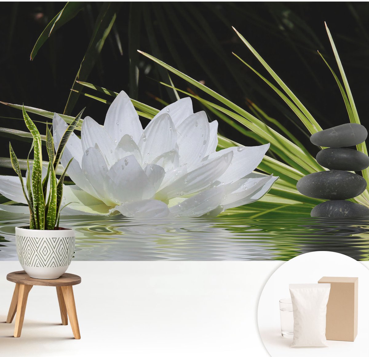 Wallfluent Fotobehang - Wit Vliesbehang - 208x146 cm - Lelie-Meditatie Fotobehang Vlies - Hal behang Bloemen En Planten - Muurschildering - Hal behang