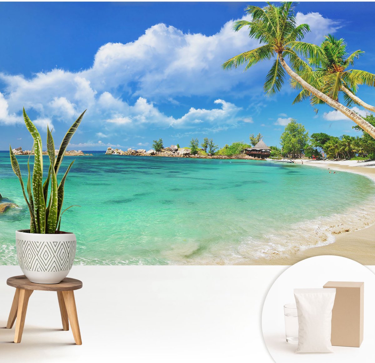 Wallfluent Fotobehang - Blauw Vliesbehang - 208x146 cm - Tropisch Paradijs Fotobehang Vlies - Hal behang Landschappen - Muurschildering - Woonkamer behang