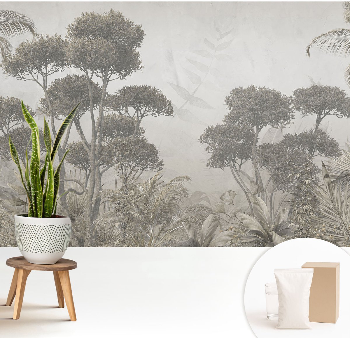 Wallfluent Fotobehang - Wit Vliesbehang - 208x146 cm - Tropische Jungle Muurschildering - Gang behang Bloemen En Planten - Fotobehang Vlies - Slaapkamer behang