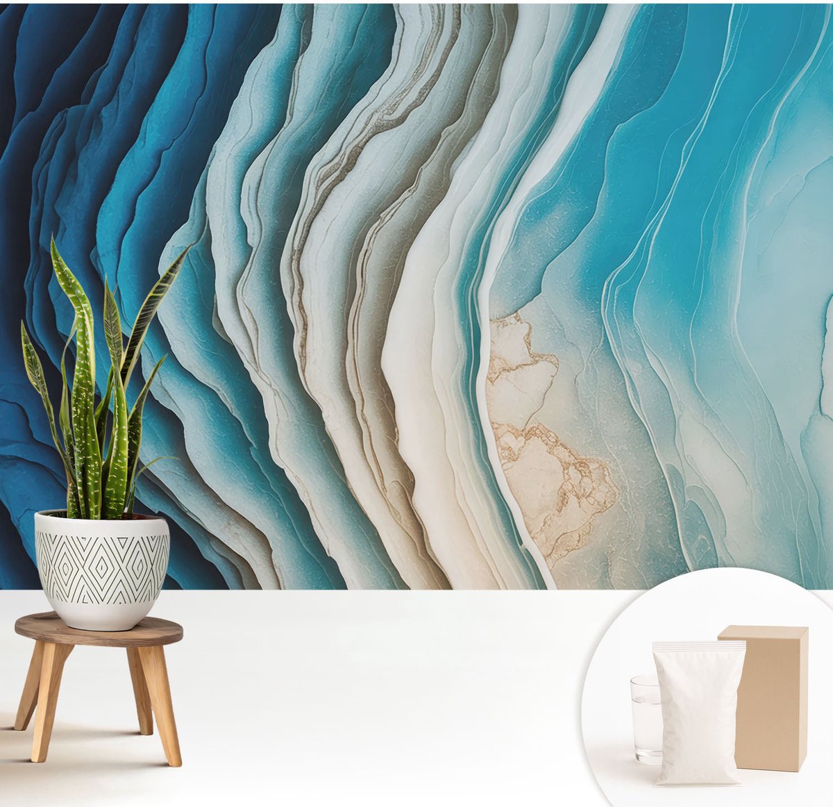 Wallfluent Fotobehang - Blauw Vliesbehang - 208x146 cm - Golven Van Harmonie Fotobehang Vlies - Woonkamer behang Abstractie - Muurschildering - Woonkamer behang