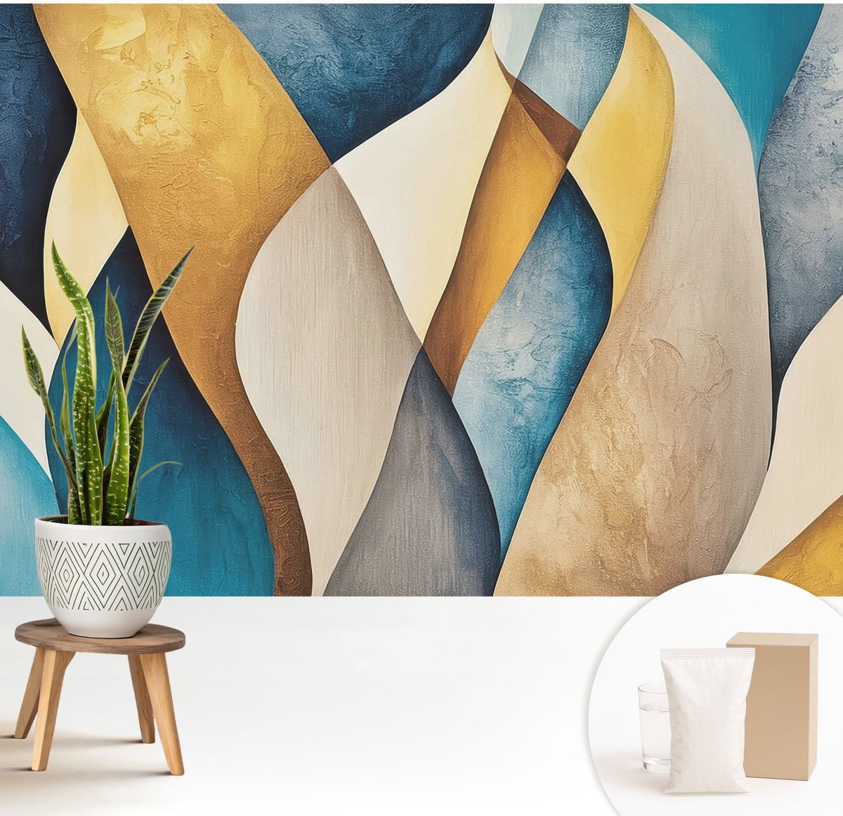 Wallfluent Fotobehang - Blauw Vliesbehang - 208x146 cm - Golvende Abstractie Muurschildering - Slaapkamer behang Abstractie - Fotobehang Vlies - Gang behang