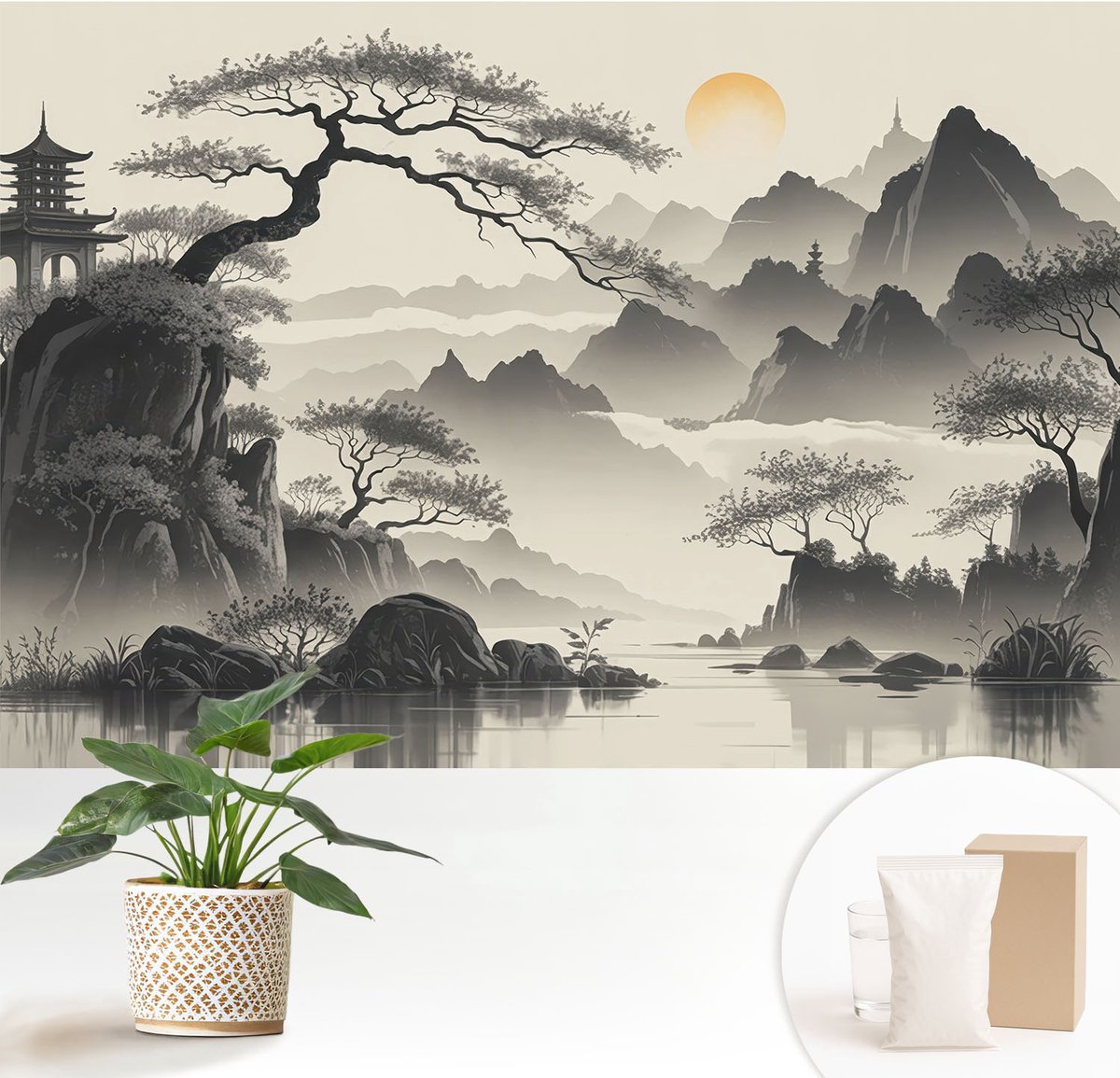 Wallfluent Fotobehang - Zwart-Wit Vliesbehang - 152x104 cm - Oostelijk Landschap Muurschildering - Gang behang Landschappen - Fotobehang Vlies - Gang behang