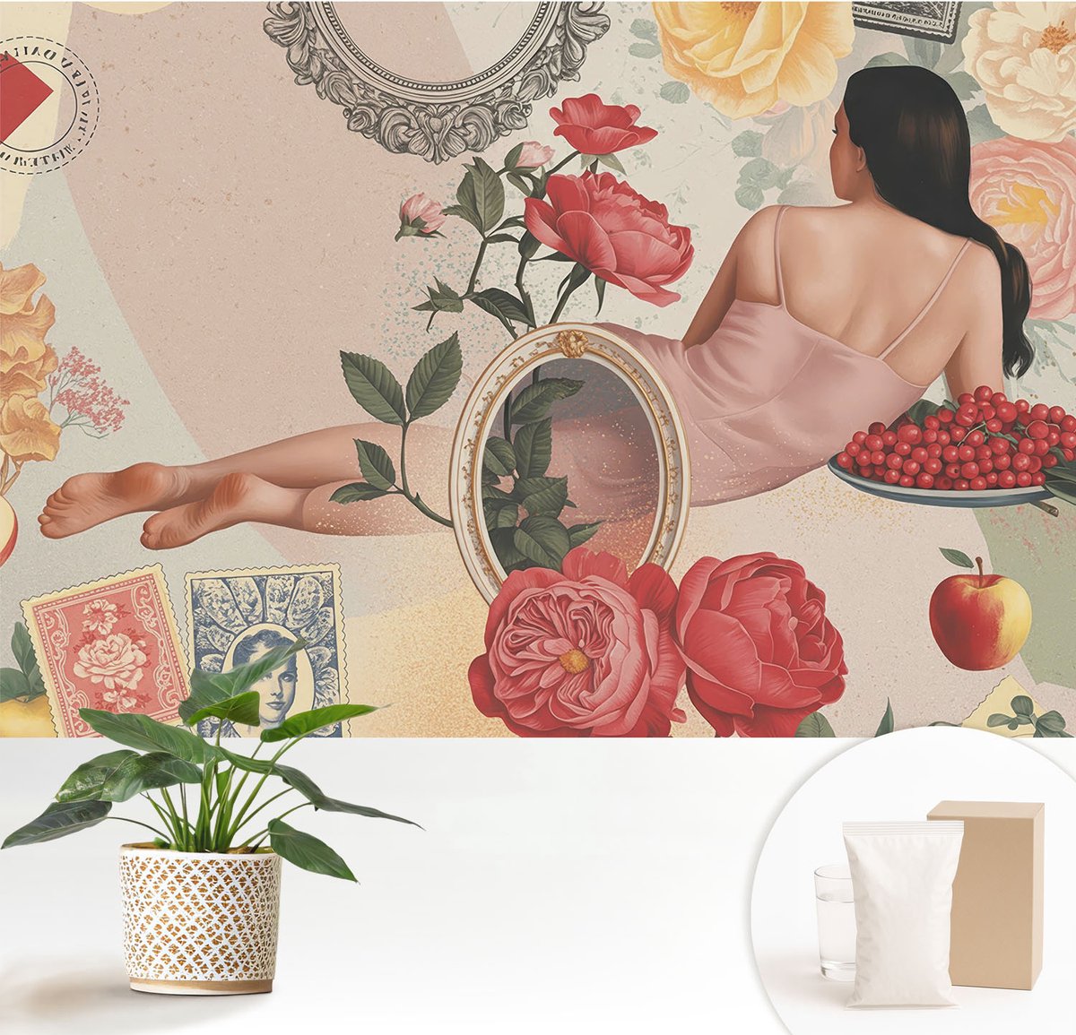 Wallfluent Fotobehang - Beige Vliesbehang - 152x104 cm - Bloemige Elegantie Fotobehang Vlies - Hal behang Deel - Muurschildering - Hal behang