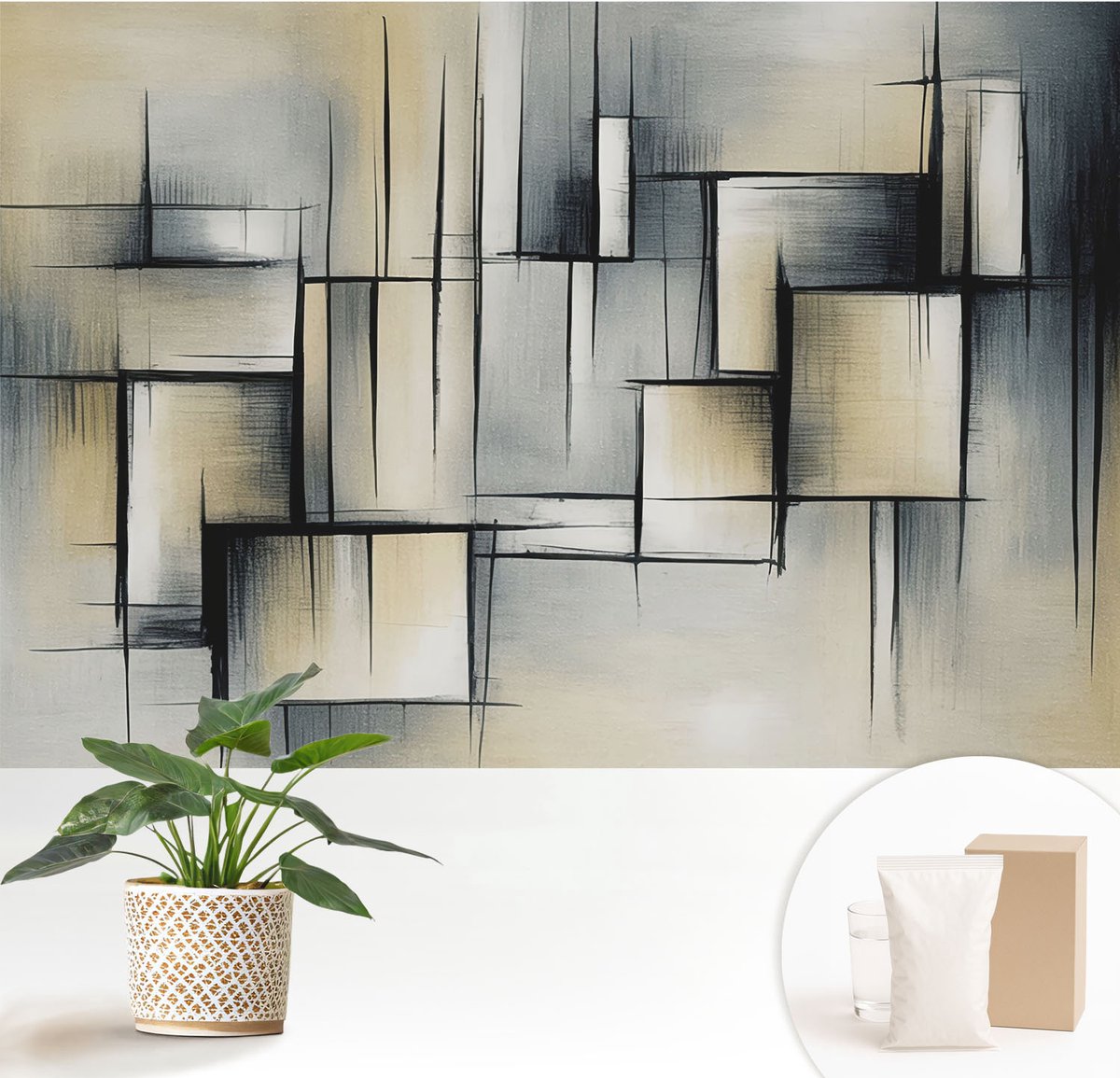 Wallfluent Fotobehang - Grijs Vliesbehang - 152x104 cm - Abstracte Geometrie Fotobehang Vlies - Woonkamer behang Abstractie - Muurschildering - Woonkamer behang