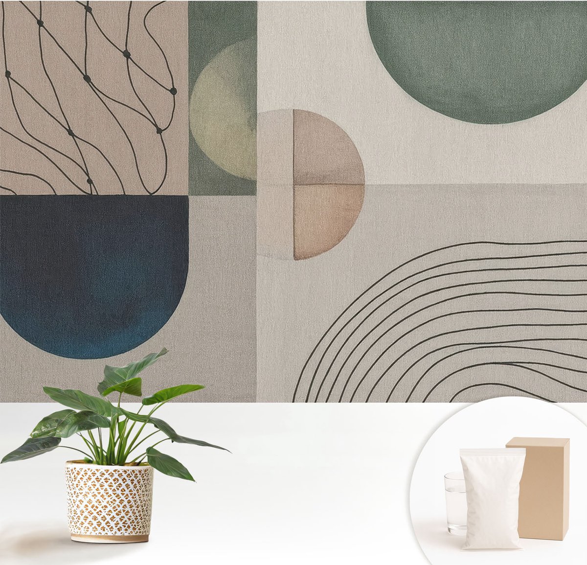 Wallfluent Fotobehang - Beige Vliesbehang - 152x104 cm - Geometrische Vormen Fotobehang Vlies - Hal behang Abstractie - Muurschildering - Woonkamer behang