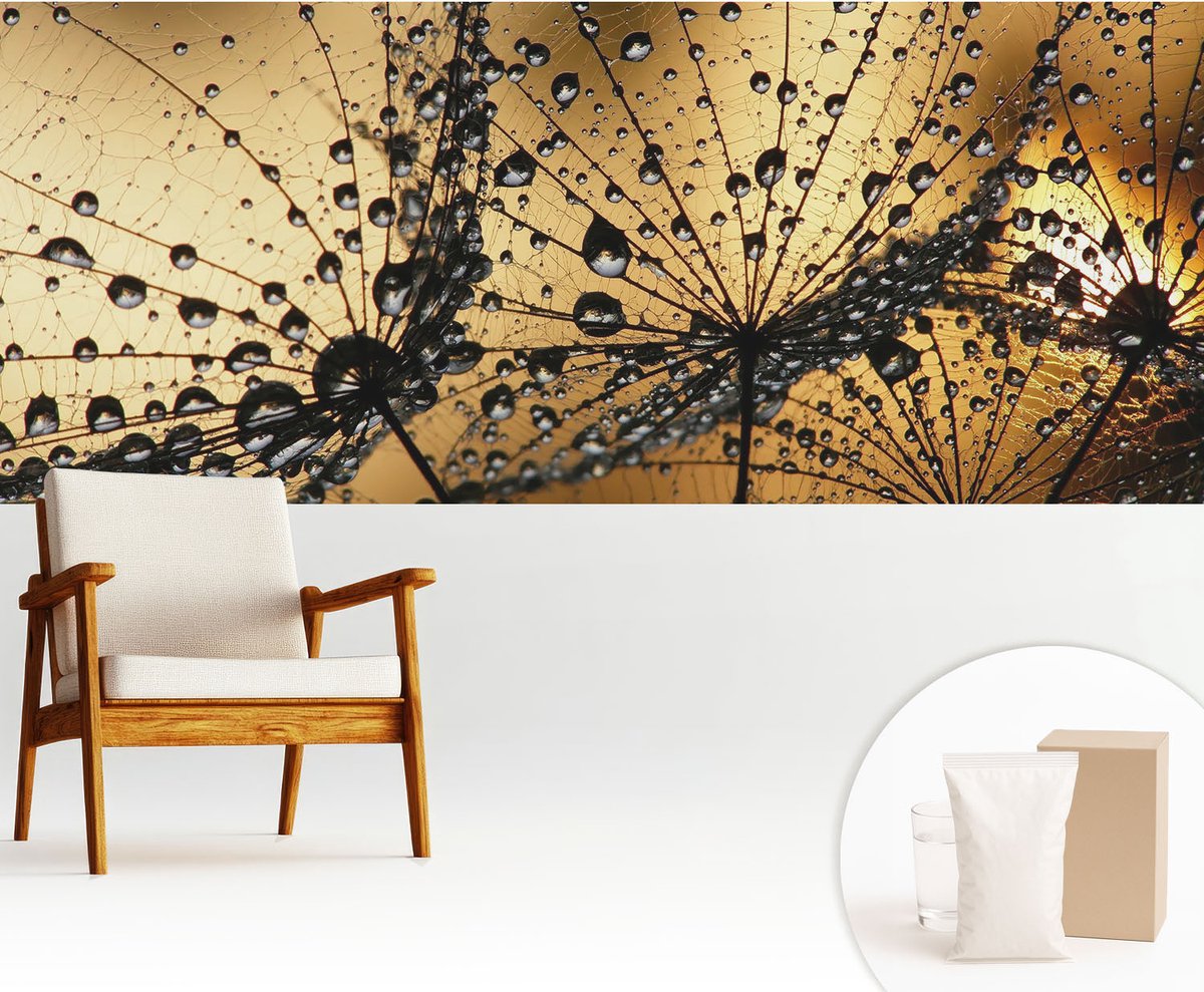Wallfluent Fotobehang - Zwart Vliesbehang - 250x104 cm - Fijne Druppels Muurschildering - Slaapkamer behang Bloemen En Planten - Fotobehang Vlies - Slaapkamer behang