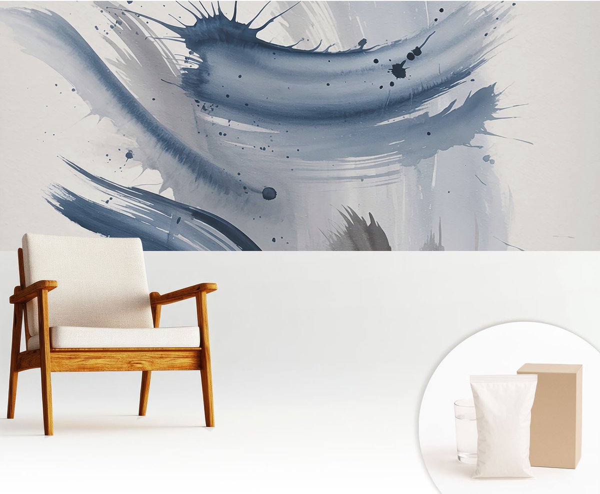 Wallfluent Fotobehang - Blauw Vliesbehang - 250x104 cm - Artistieke Penseelstreken Muurschildering - Gang behang Abstractie - Fotobehang Vlies - Slaapkamer behang