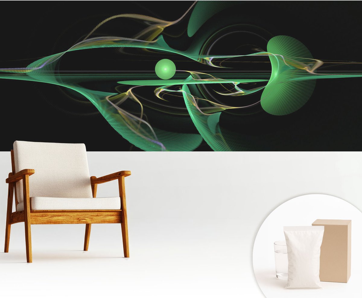 Wallfluent Fotobehang - Zwart Vliesbehang - 250x104 cm - Groene Golven Muurschildering - Slaapkamer behang Abstractie - Fotobehang Vlies - Slaapkamer behang