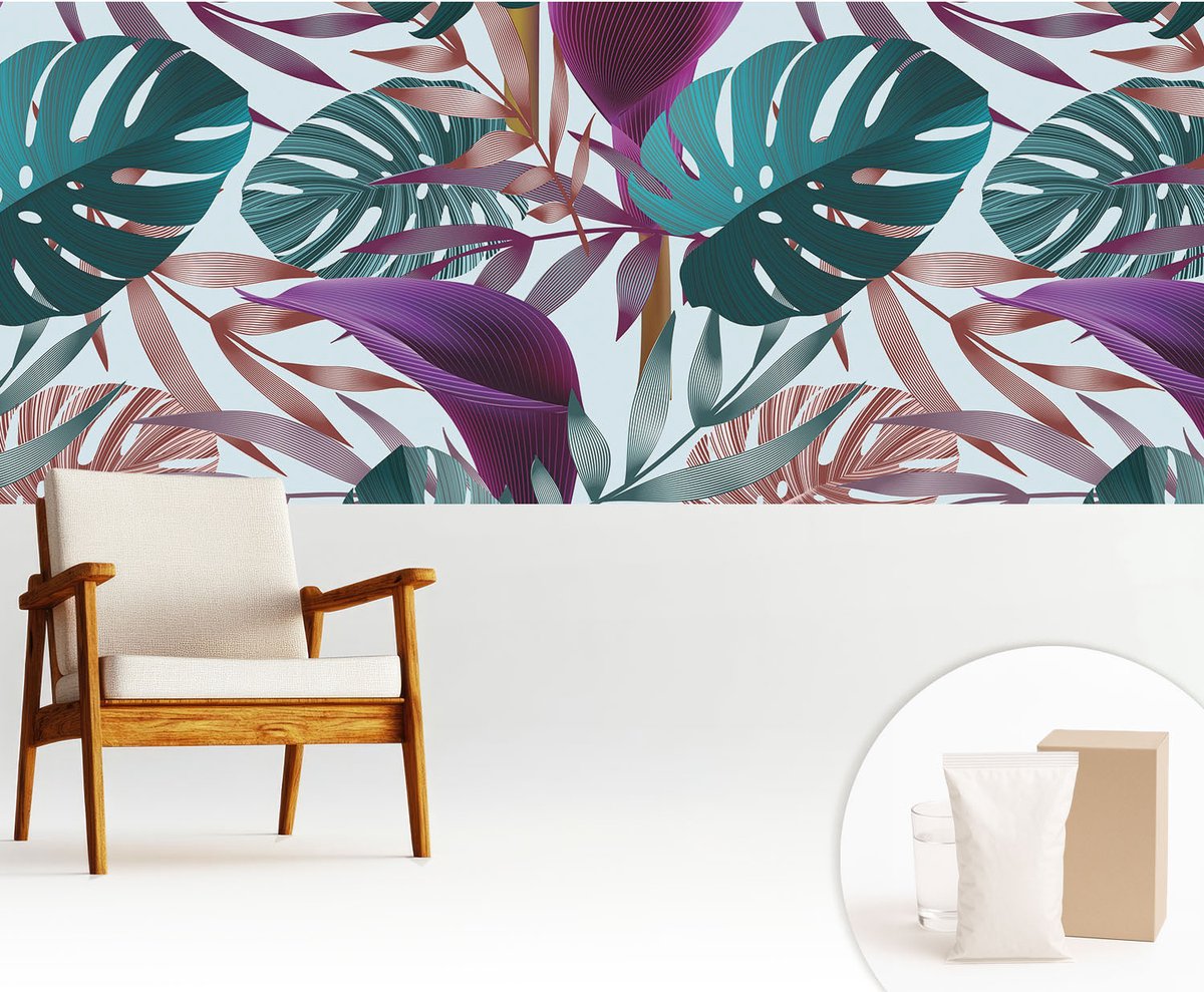 Wallfluent Fotobehang - Paars Vliesbehang - 250x104 cm - Tropische Compositie Muurschildering - Slaapkamer behang Bloemen En Planten - Fotobehang Vlies - Slaapkamer behang