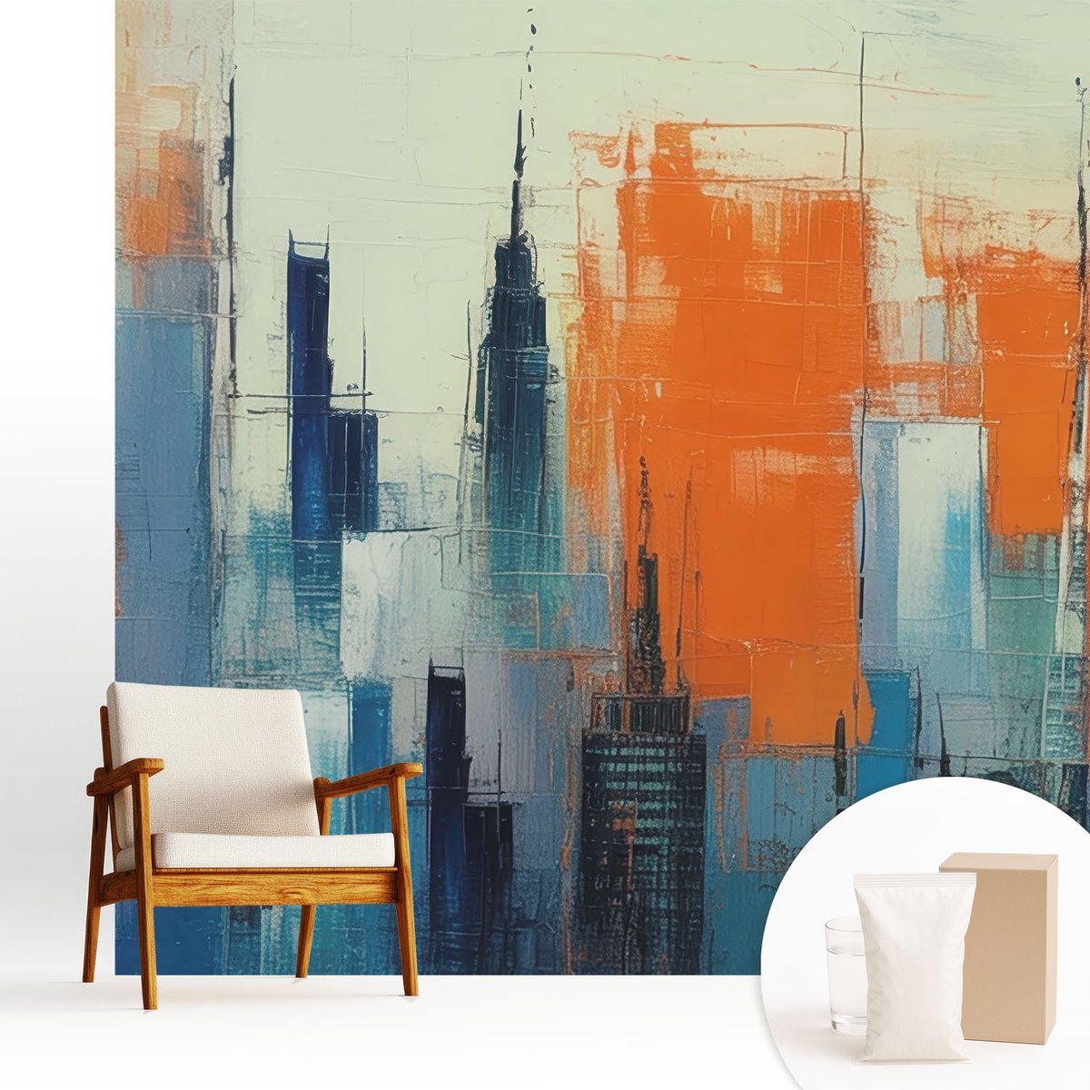 Wallfluent Fotobehang - Oranje Vliesbehang - 250x250 cm - Abstracte Stad Muurschildering - Slaapkamer behang Architectuur - Fotobehang Vlies - Slaapkamer behang
