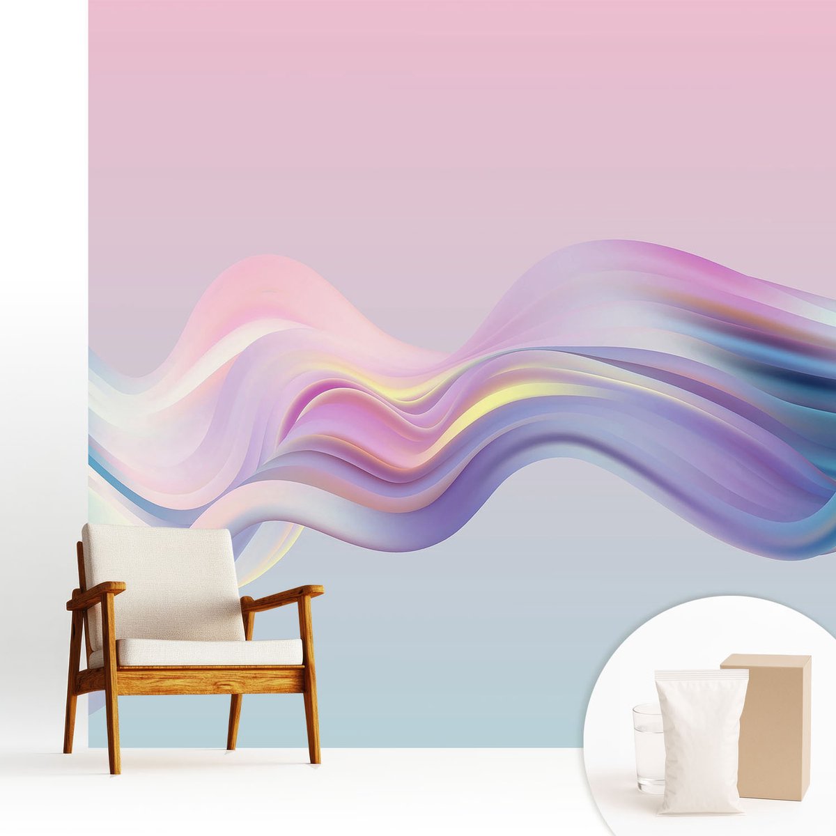 Wallfluent Fotobehang - Roze Vliesbehang - 250x250 cm - Kleurrijke Golven Muurschildering - Slaapkamer behang Abstractie - Fotobehang Vlies - Slaapkamer behang