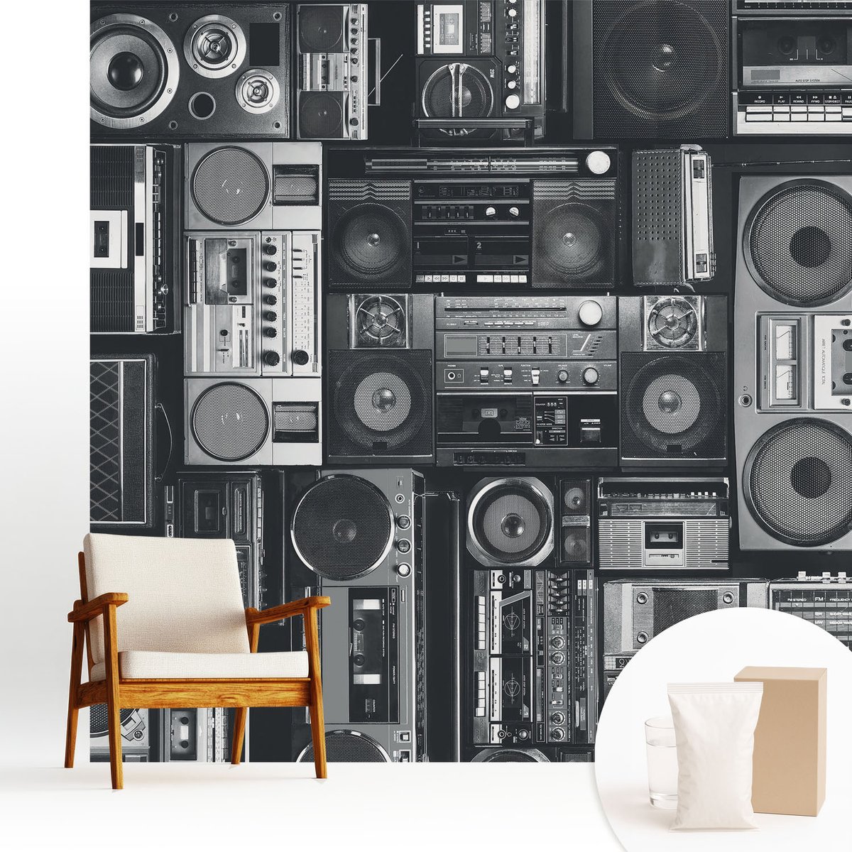 Wallfluent Fotobehang - Zwart Vliesbehang - 250x250 cm - Retro Radio Muurschildering - Gang behang Achtergronden En Patronen - Fotobehang Vlies - Gang behang