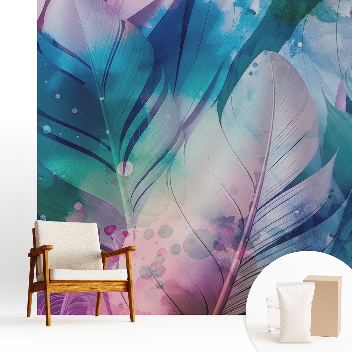 Wallfluent Fotobehang - Blauw Vliesbehang - 250x250 cm - Kleurrijke Veren Fotobehang Vlies - Woonkamer behang Deel - Muurschildering - Woonkamer behang