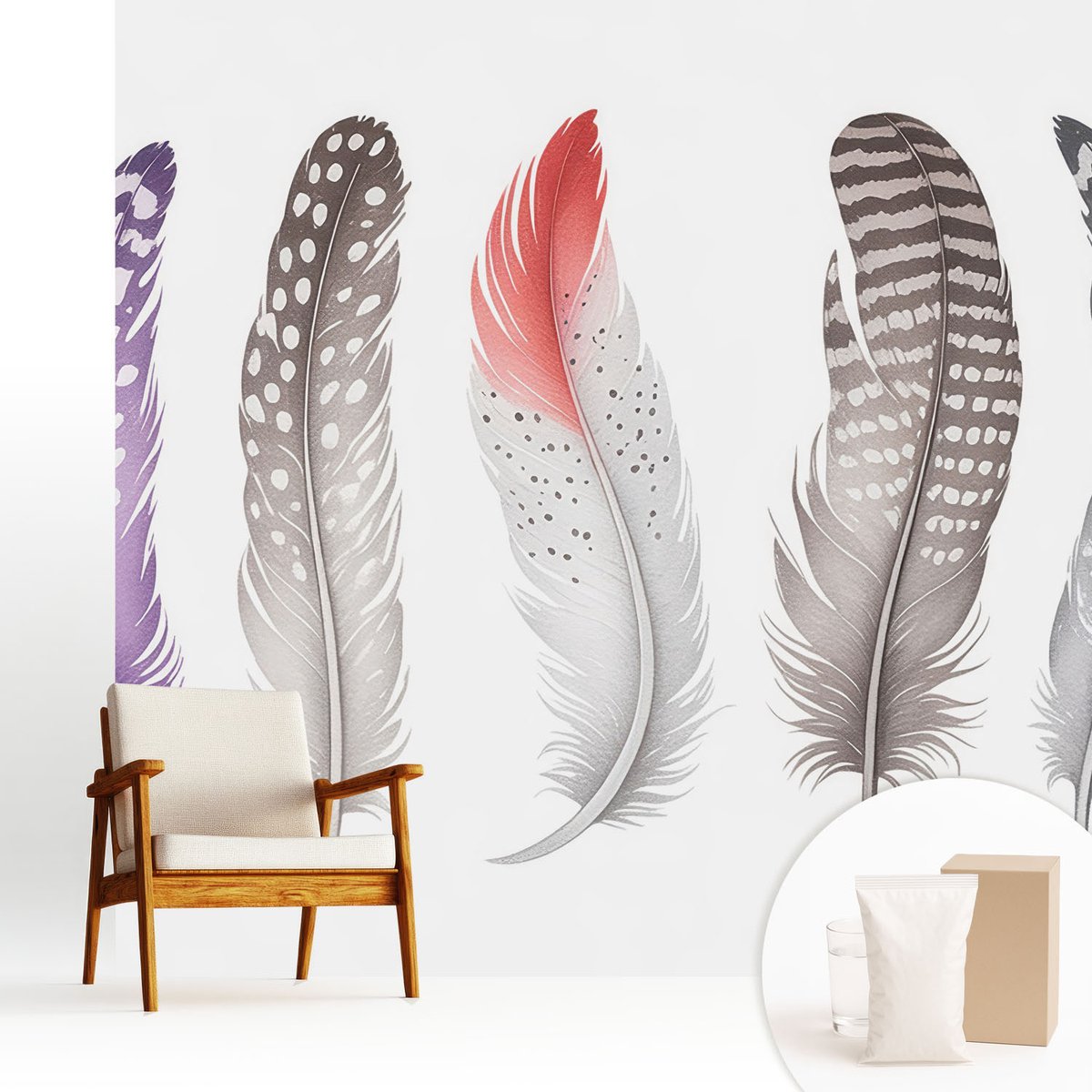 Wallfluent Fotobehang - Paars Vliesbehang - 250x250 cm - Gedessineerde Veren Muurschildering - Slaapkamer behang Deel - Fotobehang Vlies - Slaapkamer behang