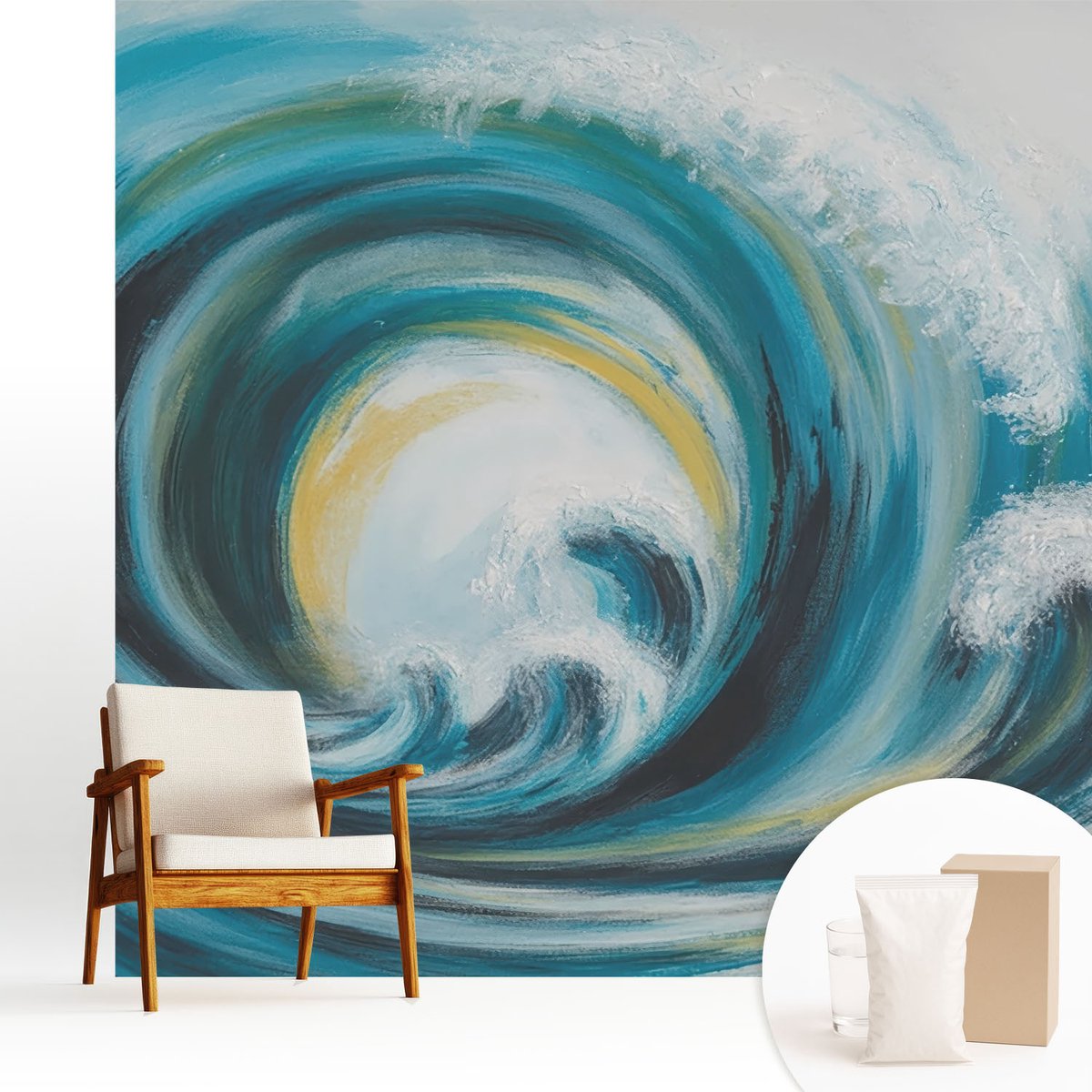 Wallfluent Fotobehang - Turkoois Vliesbehang - 250x250 cm - Zeegolf Fotobehang Vlies - Hal behang Deel - Muurschildering - Hal behang