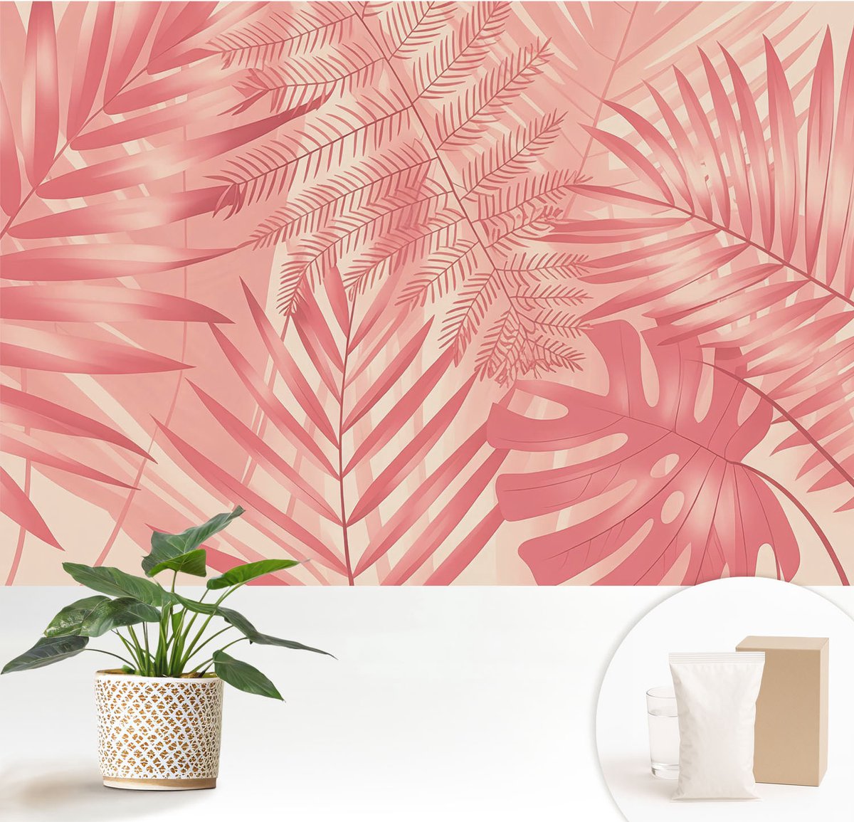 Wallfluent Fotobehang - Roze Vliesbehang - 152x104 cm - Tropische Bladeren Muurschildering - Gang behang Bloemen En Planten - Fotobehang Vlies - Gang behang