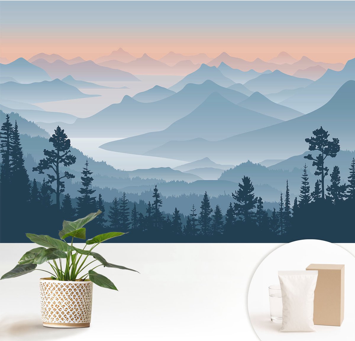 Wallfluent Fotobehang - Zwart Vliesbehang - 152x104 cm - Bergpanorama Fotobehang Vlies - Woonkamer behang Landschappen - Muurschildering - Woonkamer behang