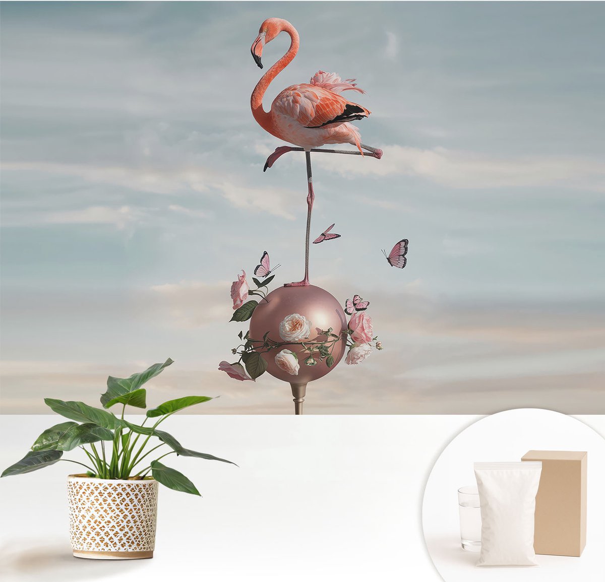 Wallfluent Fotobehang - Blauw Vliesbehang - 152x104 cm - Elegante Flamingo Fotobehang Vlies - Hal behang Dieren - Muurschildering - Woonkamer behang