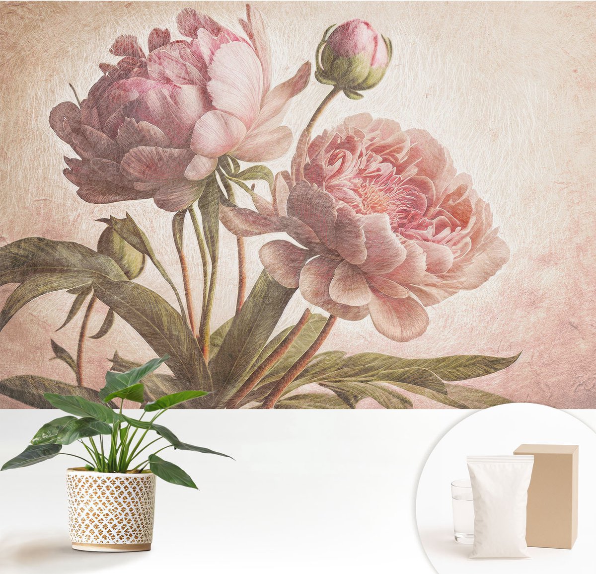 Wallfluent Fotobehang - Roze Vliesbehang - 152x104 cm - Delicate Pioenrozen Fotobehang Vlies - Woonkamer behang Bloemen En Planten - Muurschildering - Woonkamer behang