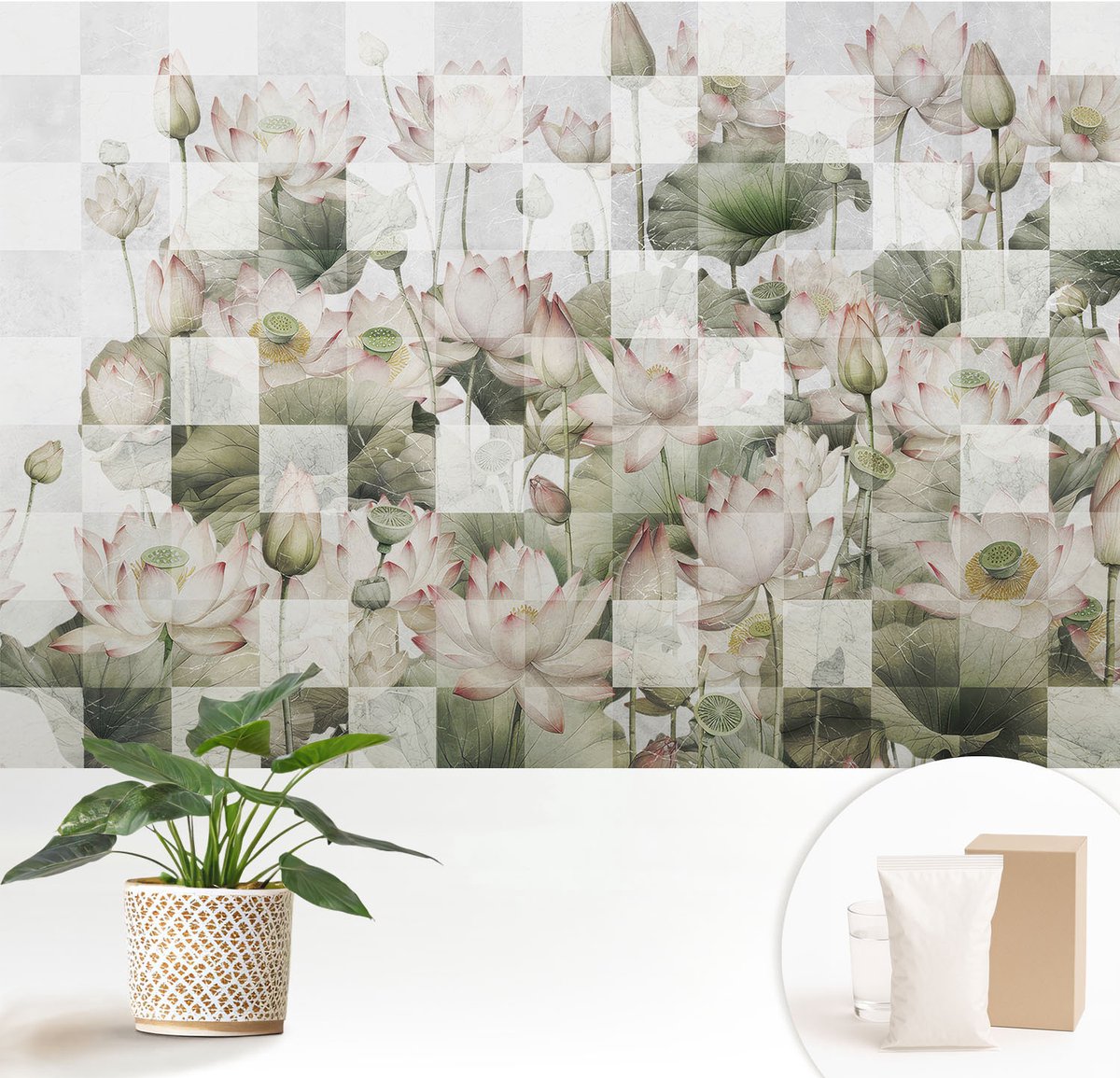 Wallfluent Fotobehang - Wit Vliesbehang - 152x104 cm - Lotuspatronen Fotobehang Vlies - Woonkamer behang Bloemen En Planten - Muurschildering - Woonkamer behang