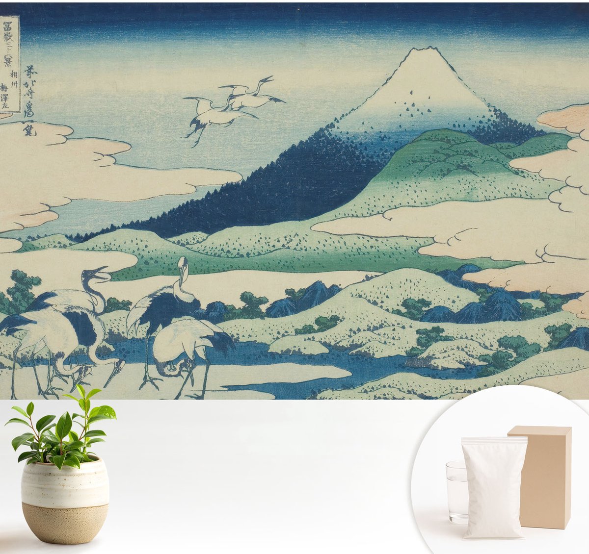 Wallfluent Fotobehang - Blauw Vliesbehang - 104x70 cm - Kraanvogels En Bergen Muurschildering - Slaapkamer behang Landschappen - Fotobehang Vlies - Slaapkamer behang