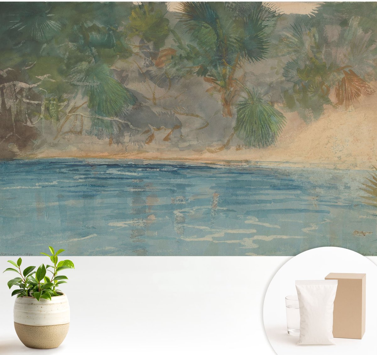 Wallfluent Fotobehang - Groente Vliesbehang - 104x70 cm - Tropische Kust Muurschildering - Slaapkamer behang Landschappen - Fotobehang Vlies - Slaapkamer behang