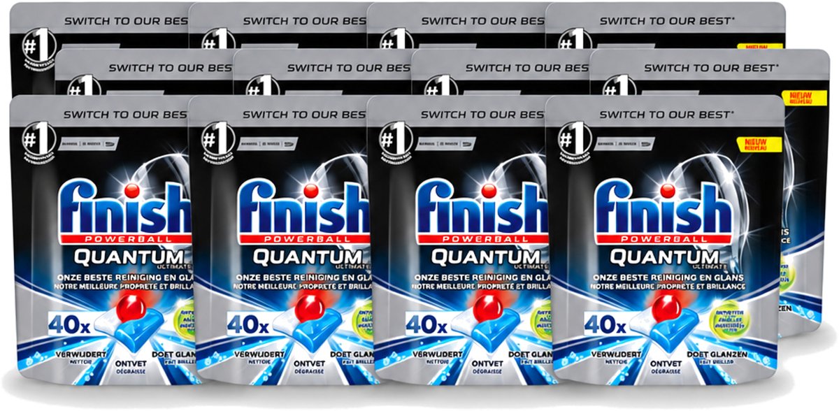 12 x Finish Powerball - Quantum Ultimate - Vaatwastabletten - Ontvetter - 40 Tabletten - Voordeelverpakking - 12 stuks