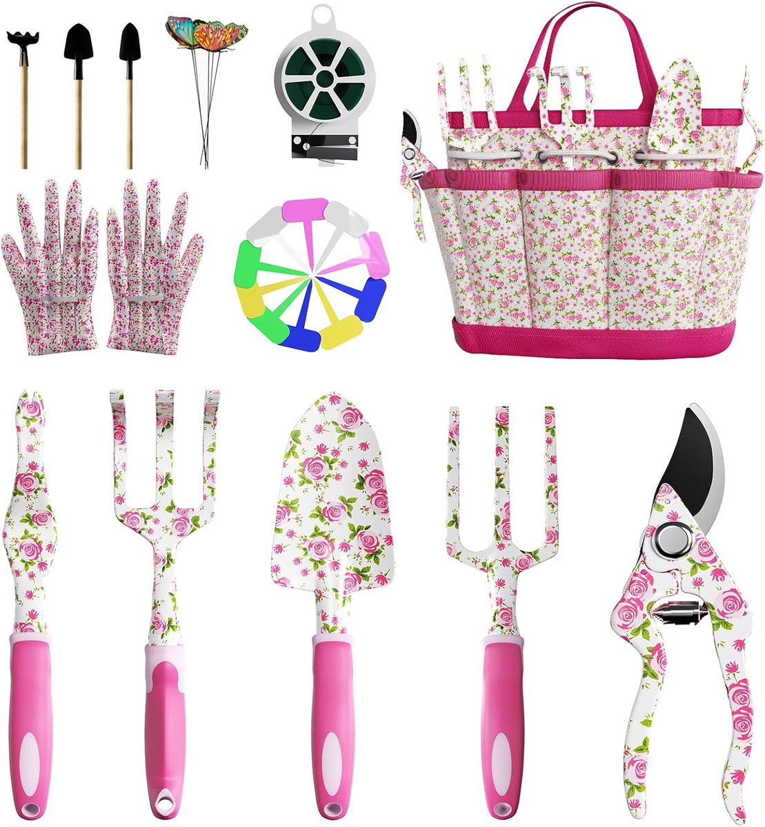 SnelShoppen - 26-delige Tuingereedschapset voor Vrouwen - Inclusief Opbergtas, Handschoenen, Vlinderdecoraties en Kleurrijke Plantlabels - Tuingereeds