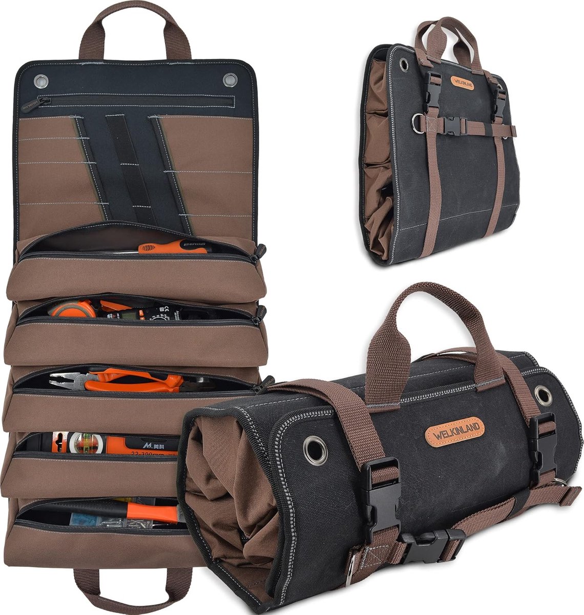 SnelShoppen - Heavy-Duty Waxed Canvas Tool Roll - Gereedschaps Organizer met 15 Pockets - Duurzaam en Waterafstotend - Ideaal voor Klussen, Tuinieren