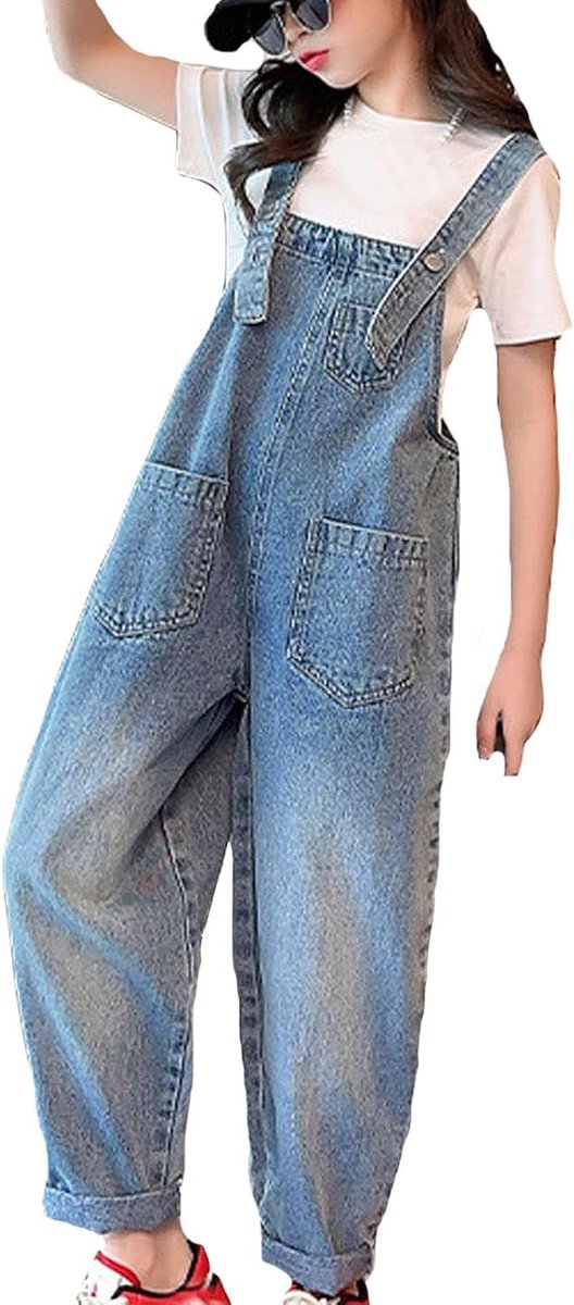 Modieuze broek voor meisjes, elastische tailleband, brede pijpen, bandjes, casual jeans, denim, met zakken