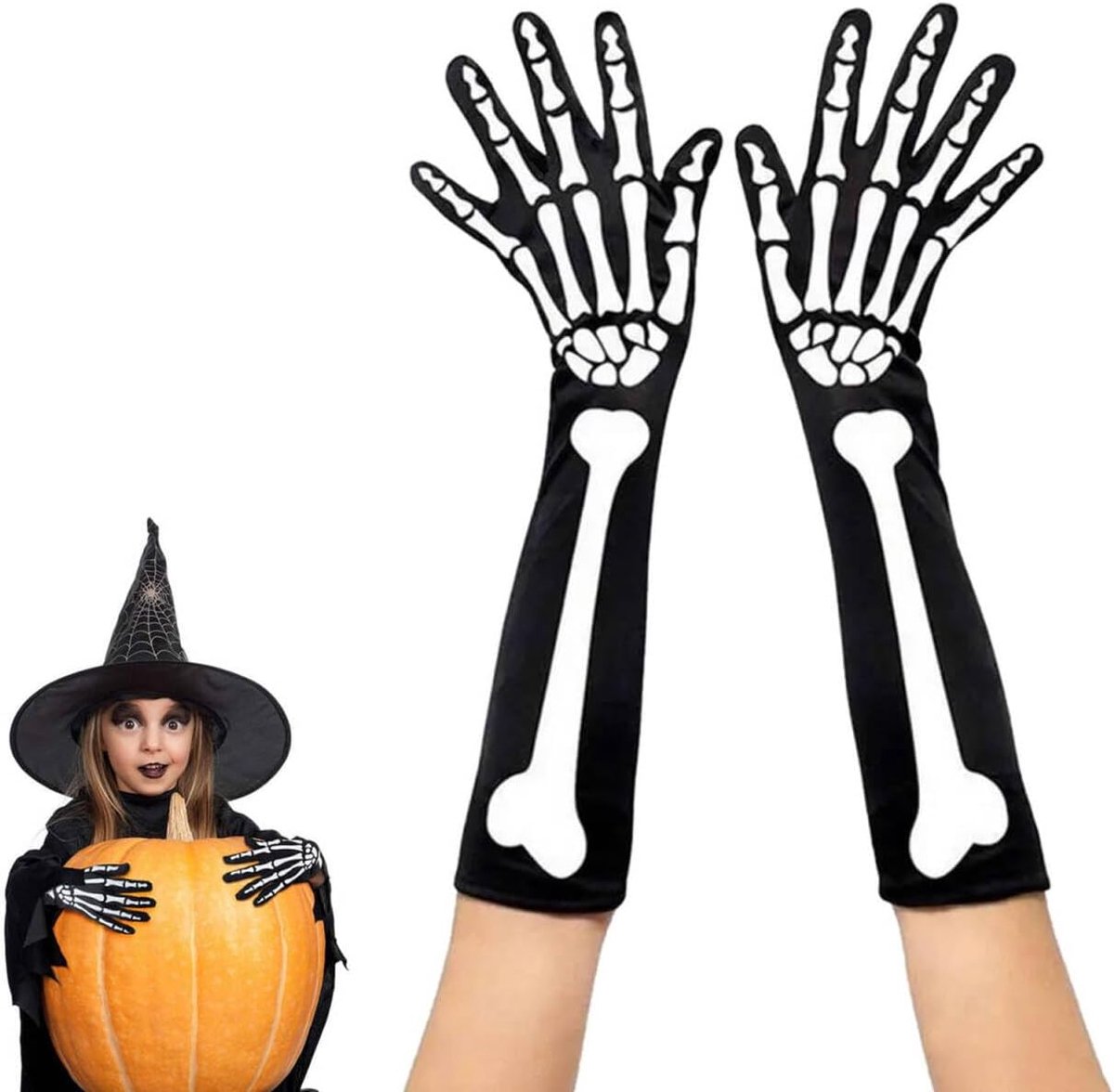 Handschoenen met lange mouwen, zwart, skelet lange handschoenen, Halloween--kostuumaccessoires, doodshandschoenen, skelethandschoenen, armwarts, Halloween, schedel, geest, lange