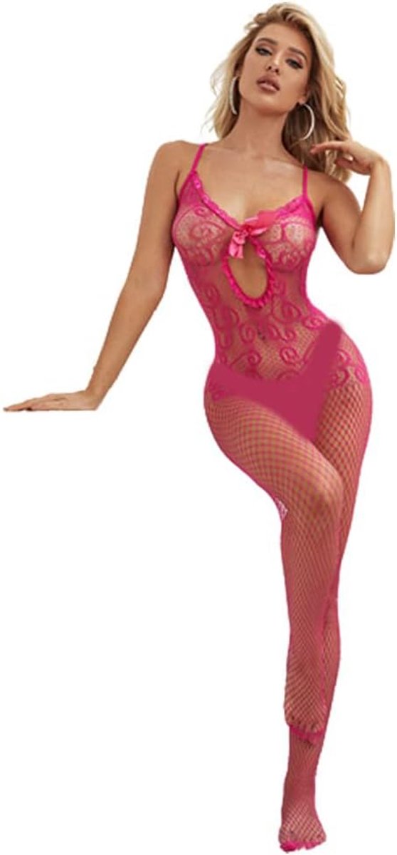 Roze Sexy Outfit Vrouwelijke Vrouwen Lingerie Kousen Bodystocking Fishnet Bodysuits Sexy Open Panty Babydoll, Roze strik, S-L