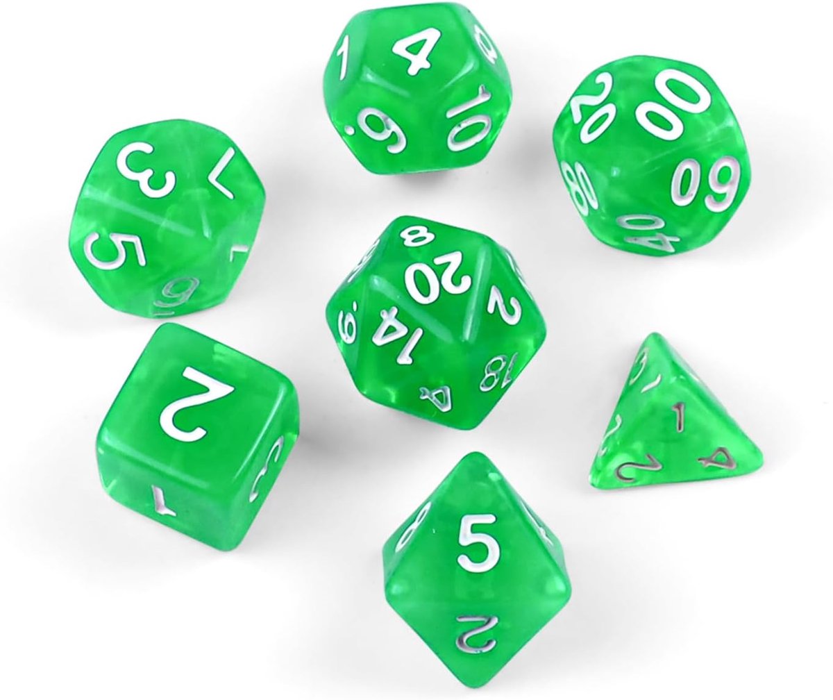 Dobbelstenen set transparante dobbelstenen DND polymeer dobbelstenen set voor kerkers & dragons, D&D, RPG, MTG - incl. D4 D6 D8 D10 D12 D20 (transparant groen)