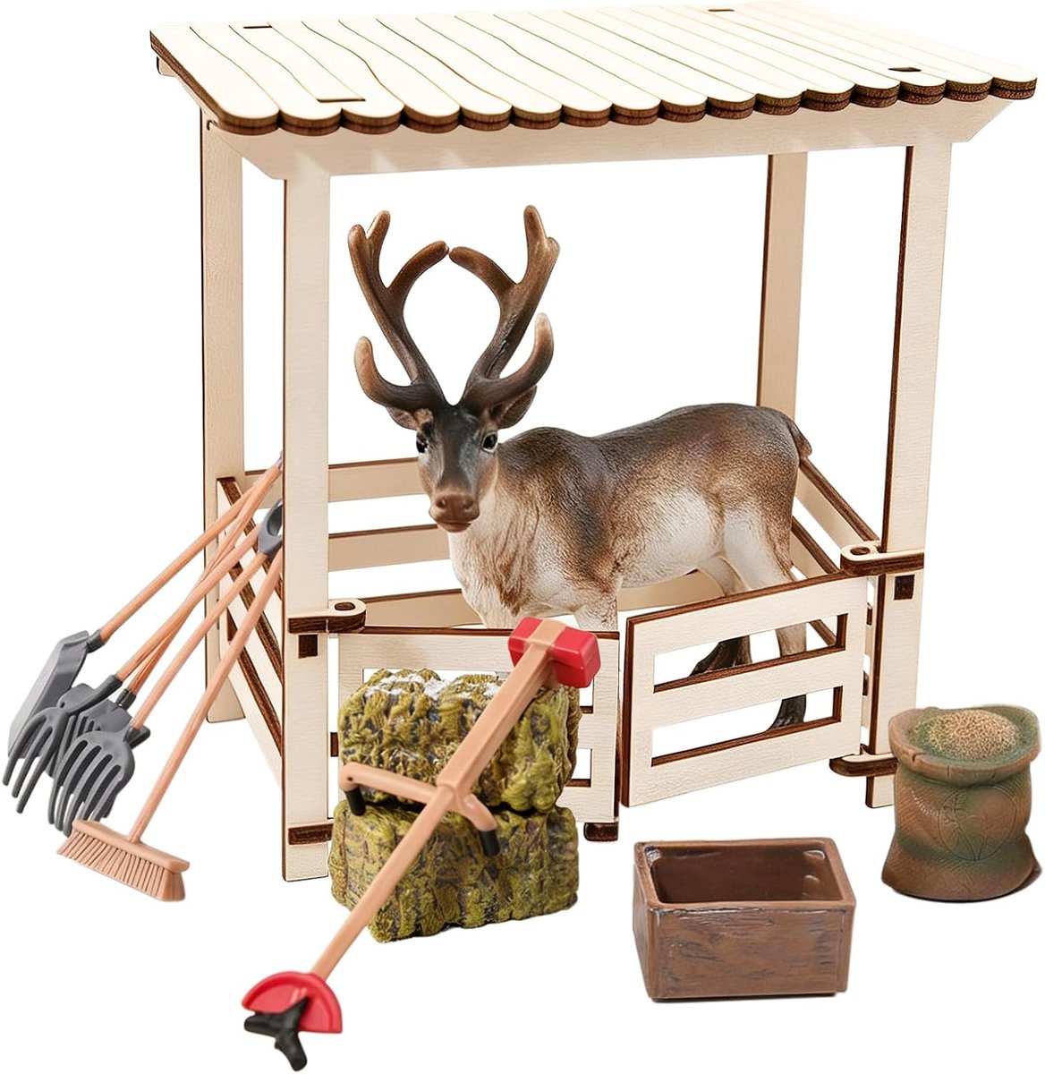 Kerstdecoratieset 12 stuks rendier met stal, voederbak, hooi 6 tuingereedschap, miniatuur kabouter, kerstdecoratie, accessoireset voor kerstdorp, poppenhuis, kersthuis