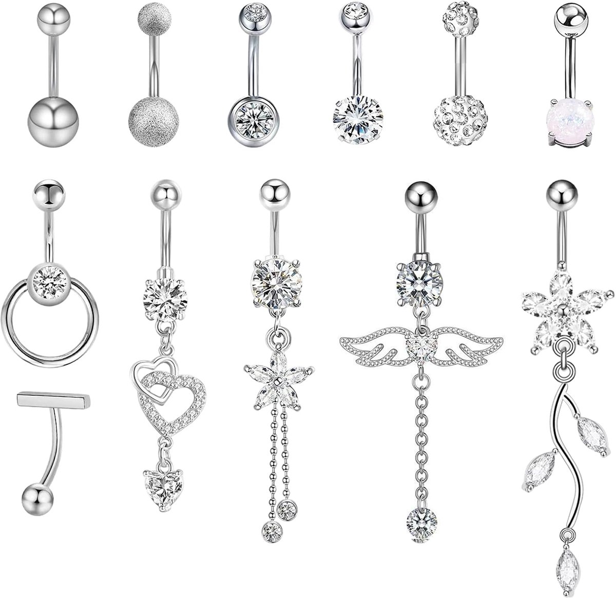 12 stuks navelpiercing van roestvrij staal, navelpiercing, inclusief hangers, vlinder, hart en bloem, lichaamssieraden, damessieraden, ideaal voor feestjes en dagelijks gebruik