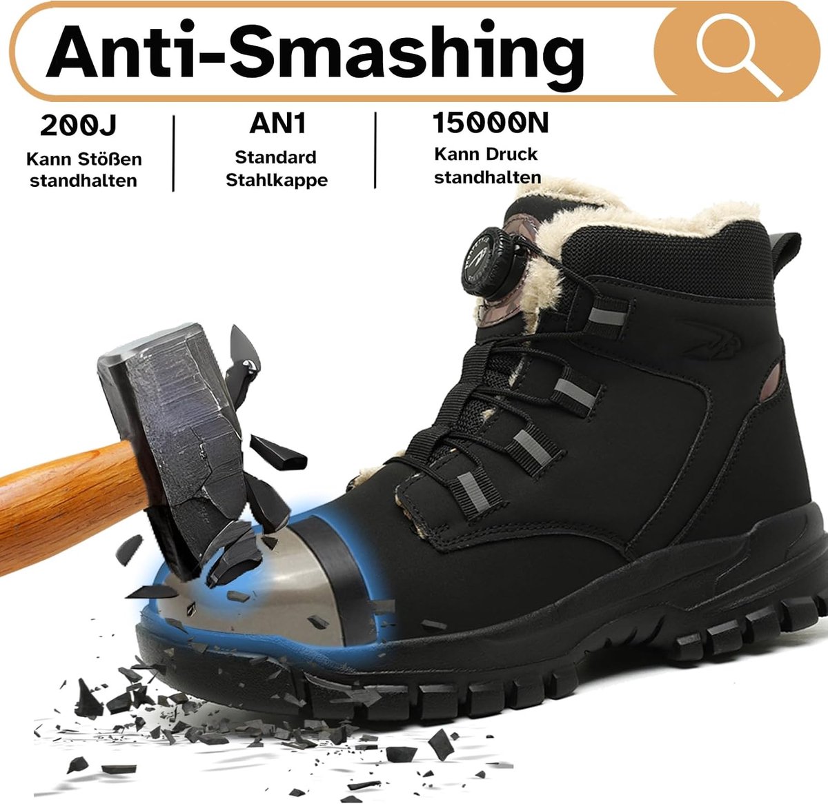 Heren Dames Veiligheidsschoenen Waterdicht Werklaarzen Warm Gevoerd Stalen Neus Antislip Werkschoenen met draaiknop, Zwart, 43 EU