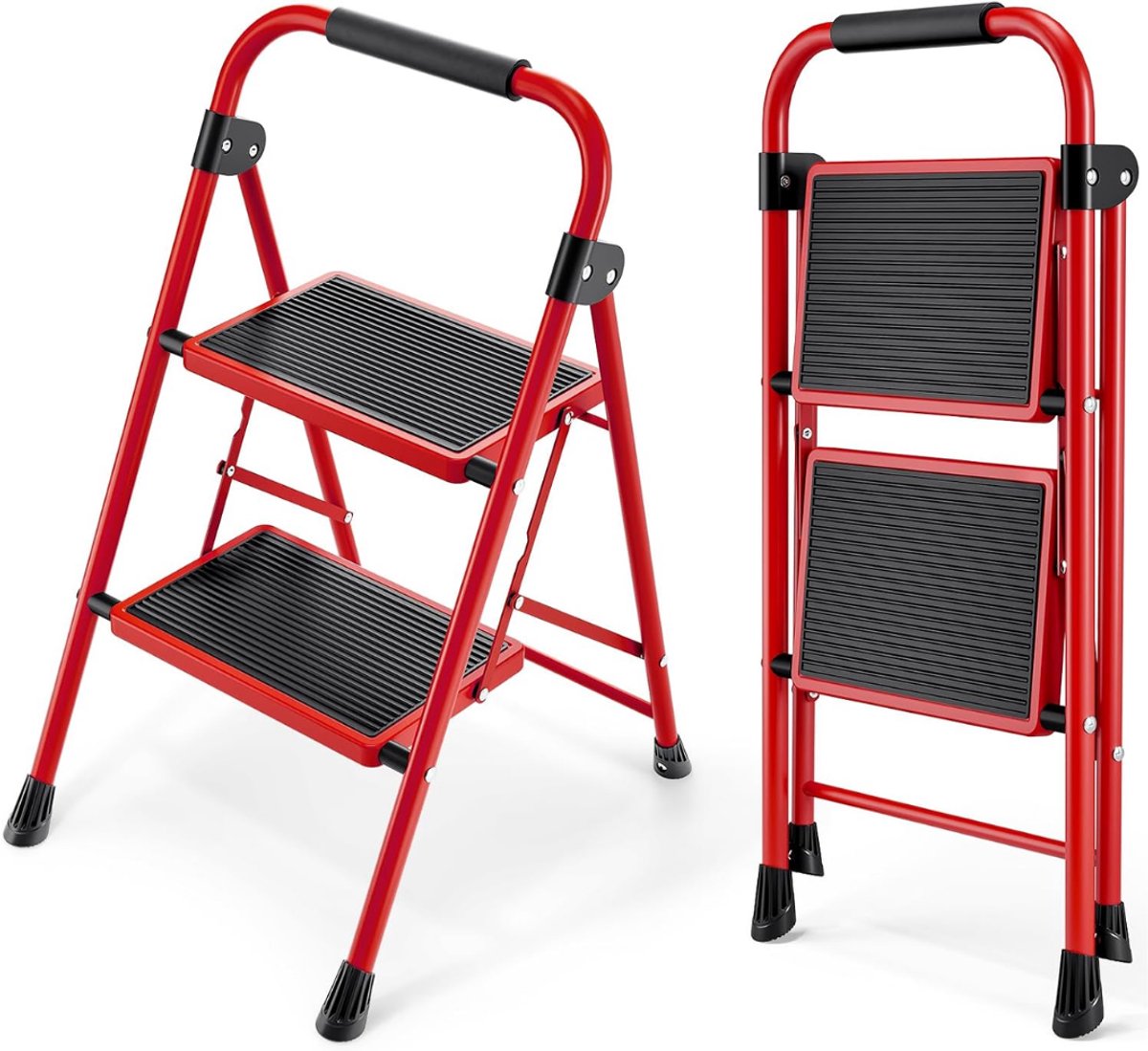 SP® Huishoudtrap - Huishoudladder Inklapbaar - Huishoudtrap 2-treden - Rood/Zwart - 49cm x 40cm x 70cm