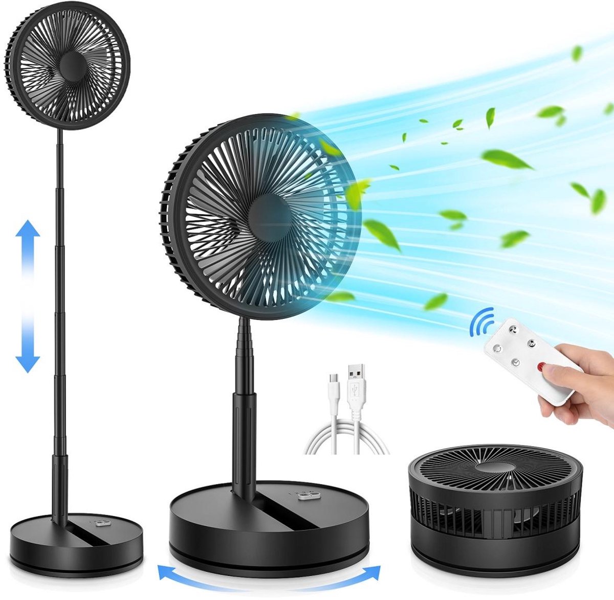 SSTRWGOOD Staande Ventilator - 5 Snelheidsstanden - 7200mAh USB-C Oplaadbare Tafelventilator - Lichtgewicht & Stil - Geschikt voor Thuis Kantoor en Reizen - Kunststof - Inklapbaar Design