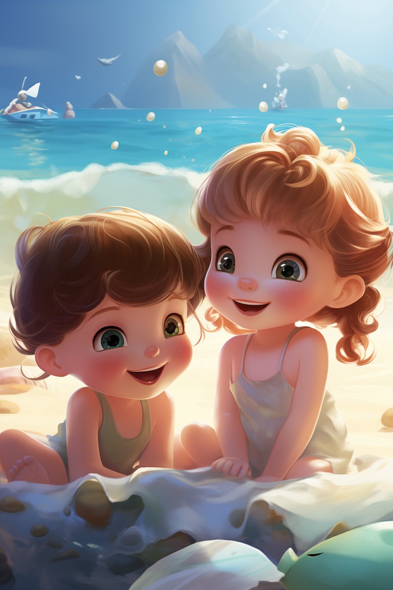 Naar het Strand - Kindjes aan het Strand - Strand - Kinder - Kinderkamer - Dieren - Babykamer - posters - formaat 70x100cm - Wanddecoratie - L1232YR